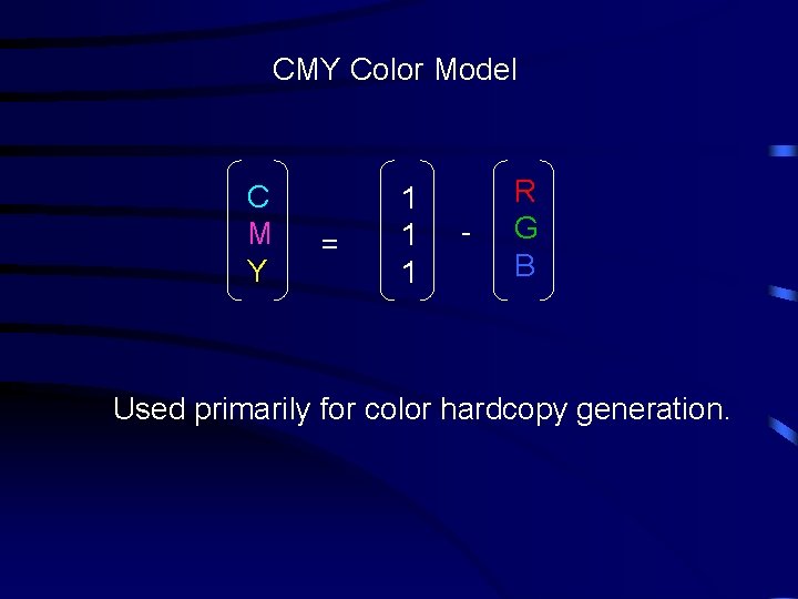 CMY Color Model C M Y = 1 1 1 - R G B