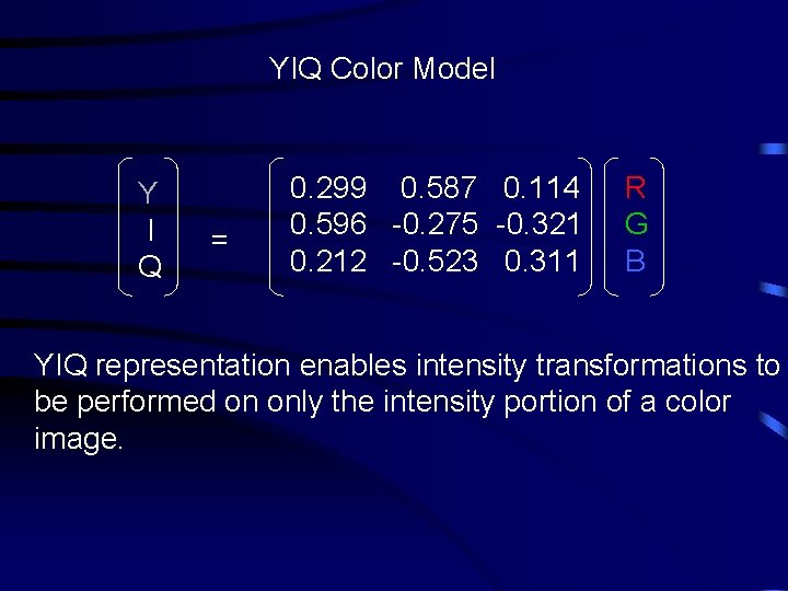 YIQ Color Model Y I Q = 0. 299 0. 587 0. 114 0.