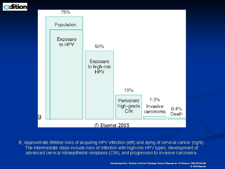 B, Approximate lifetime risks of acquiring HPV infection (left) and dying of cervical cancer