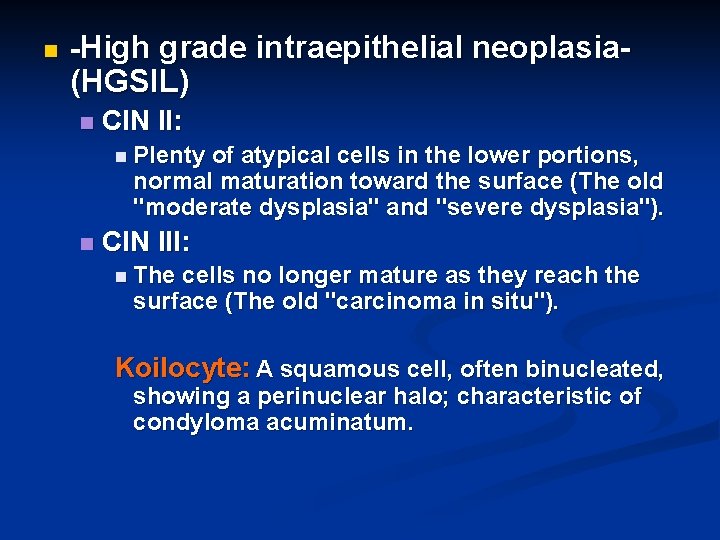 n -High grade intraepithelial neoplasia- (HGSIL) n CIN II: n Plenty of atypical cells