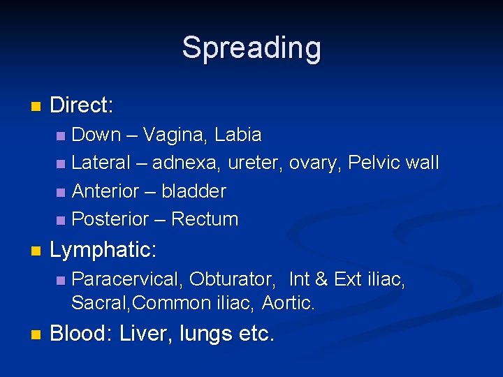 Spreading n Direct: Down – Vagina, Labia n Lateral – adnexa, ureter, ovary, Pelvic