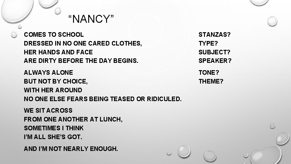 “NANCY” COMES TO SCHOOL DRESSED IN NO ONE CARED CLOTHES, HER HANDS AND FACE