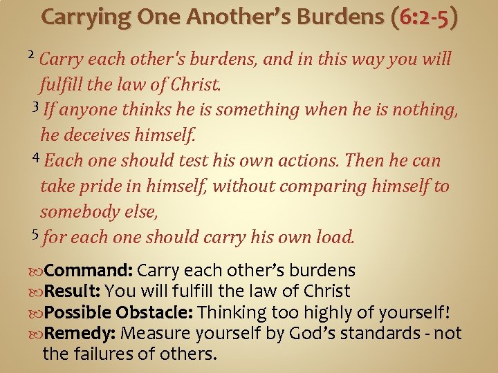 Carrying One Another’s Burdens (6: 2 -5) 2 Carry each other's burdens, and in