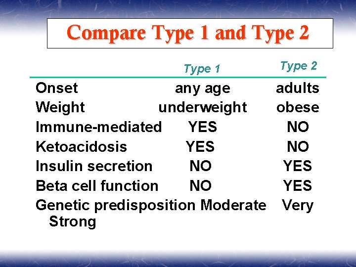 Compare Type 1 and Type 2 Type 1 Type 2 Onset any age adults