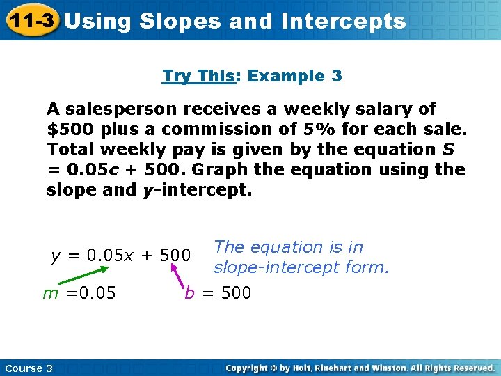 11 -3 Using Slopes and Intercepts Try This: Example 3 A salesperson receives a