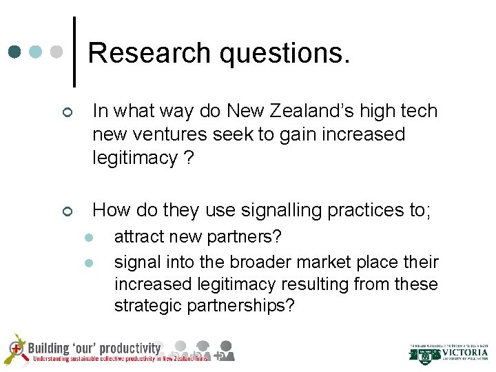 Research questions. ¢ In what way do New Zealand’s high tech new ventures seek
