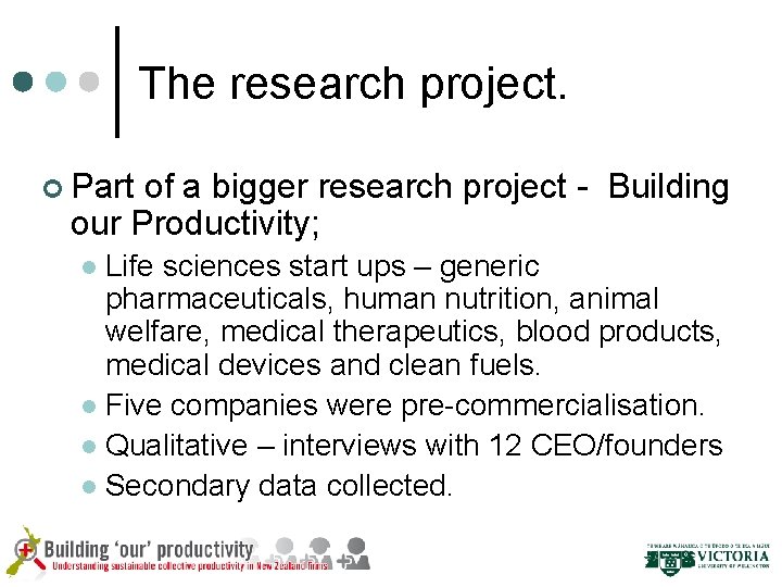 The research project. ¢ Part of a bigger research project - Building our Productivity;