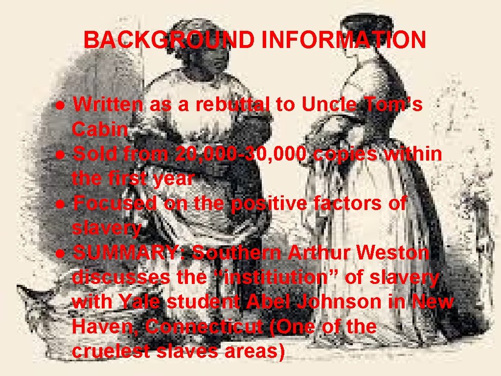 BACKGROUND INFORMATION ● Written as a rebuttal to Uncle Tom’s Cabin ● Sold from