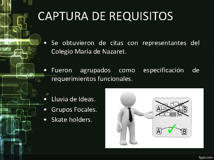 CAPTURA DE REQUISITOS • Se obtuvieron de citas con representantes del Colegio María de