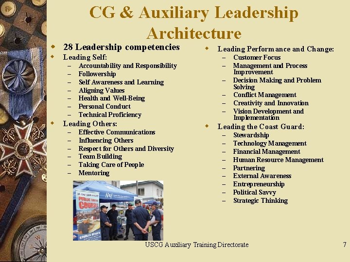 CG & Auxiliary Leadership Architecture w 28 Leadership competencies w Leading Self: – –