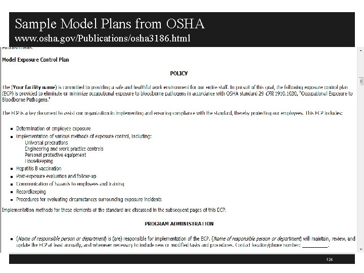 Sample Model Plans from OSHA www. osha. gov/Publications/osha 3186. html 124 