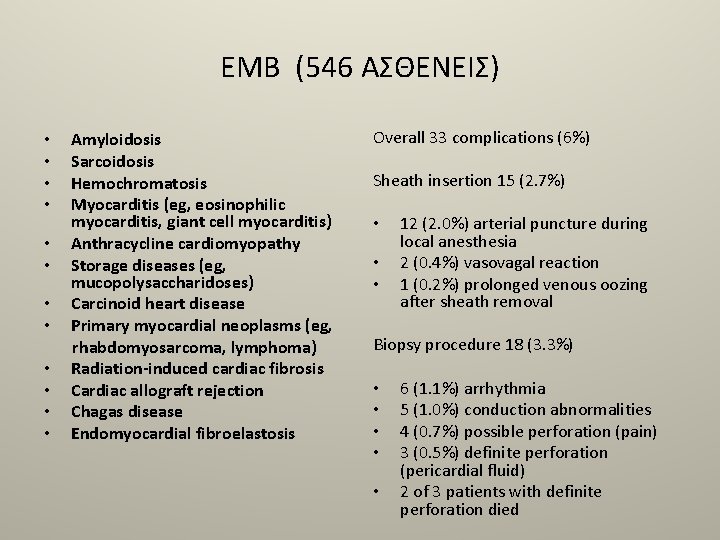 EMB (546 ΑΣΘΕΝΕΙΣ) • • • Amyloidosis Sarcoidosis Hemochromatosis Myocarditis (eg, eosinophilic myocarditis, giant