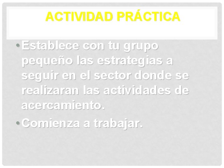 ACTIVIDAD PRÁCTICA • Establece con tu grupo pequeño las estrategias a seguir en el