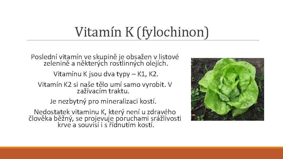 Vitamín K (fylochinon) Poslední vitamín ve skupině je obsažen v listové zelenině a některých