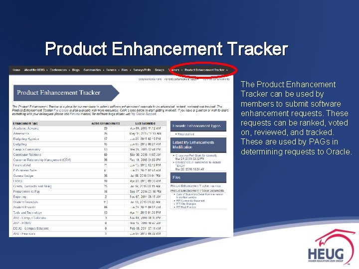 Product Enhancement Tracker The Product Enhancement Tracker can be used by members to submit