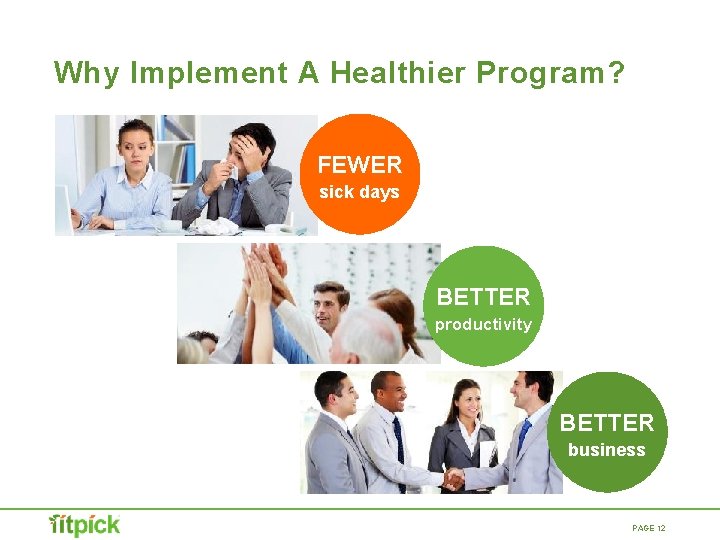 Why Implement A Healthier Program? FEWER sick days BETTER productivity BETTER business PAGE 12 Why Implement A Healthier Program? FEWER sick days BETTER productivity BETTER business PAGE 12