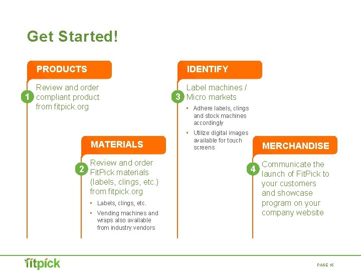 Get Started! PRODUCTS IDENTIFY Review and order 1 compliant product from fitpick. org MATERIALS Get Started! PRODUCTS IDENTIFY Review and order 1 compliant product from fitpick. org MATERIALS