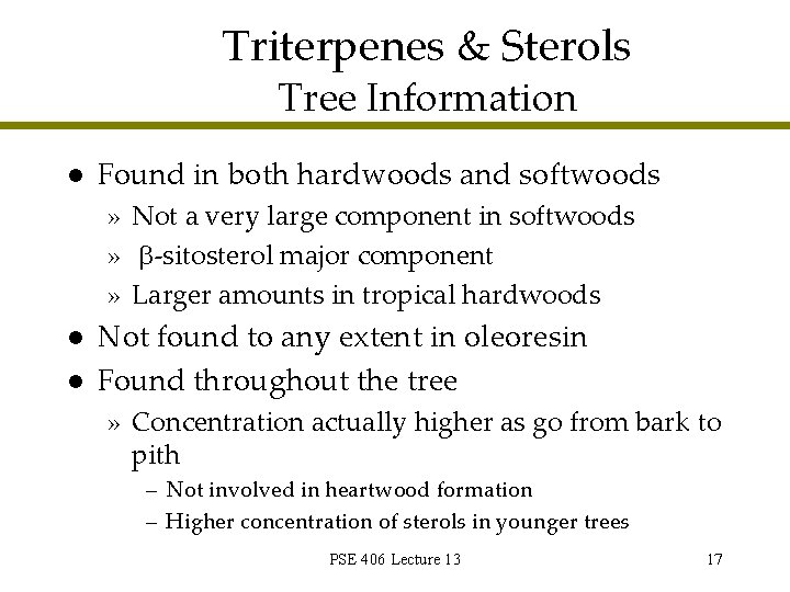 Triterpenes & Sterols Tree Information l Found in both hardwoods and softwoods » Not