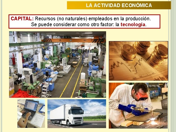 LA ACTIVIDAD ECONÓMICA CAPITAL: CAPITAL Recursos (no naturales) empleados en la producción. Se puede