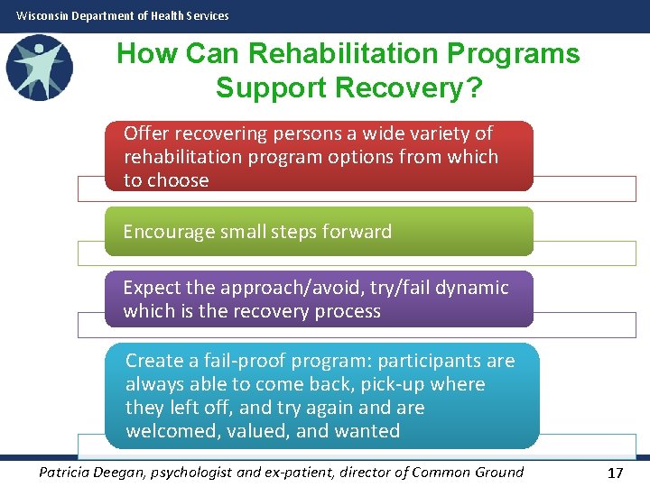 Wisconsin Department of Health Services How Can Rehabilitation Programs Support Recovery? Offer recovering persons