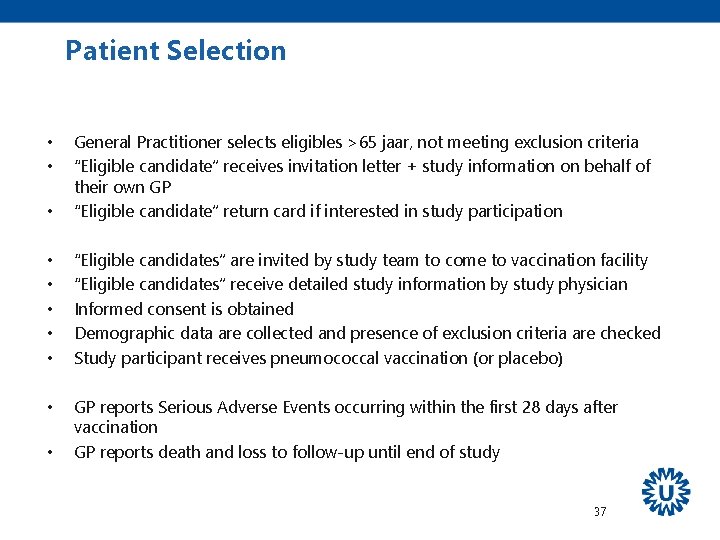 Patient Selection • General Practitioner selects eligibles >65 jaar, not meeting exclusion criteria “Eligible