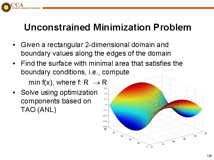 CCA Common Component Architecture Unconstrained Minimization Problem • Given a rectangular 2 -dimensional domain