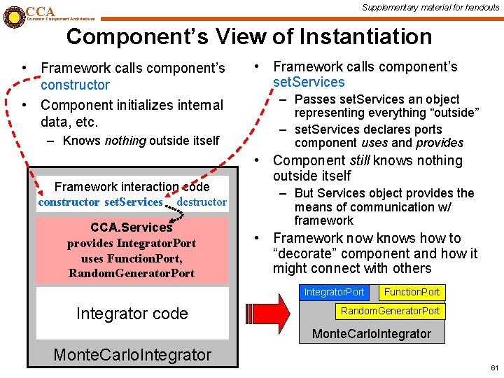 Supplementary material for handouts CCA Common Component Architecture Component’s View of Instantiation • Framework