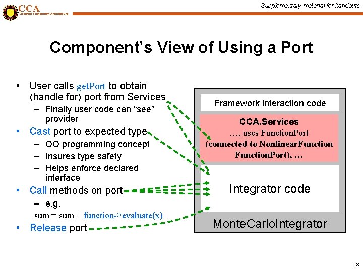 Supplementary material for handouts CCA Common Component Architecture Component’s View of Using a Port