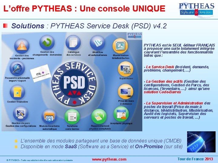 L’offre PYTHEAS : Une console UNIQUE Solutions : PYTHEAS Service Desk (PSD) v 4.