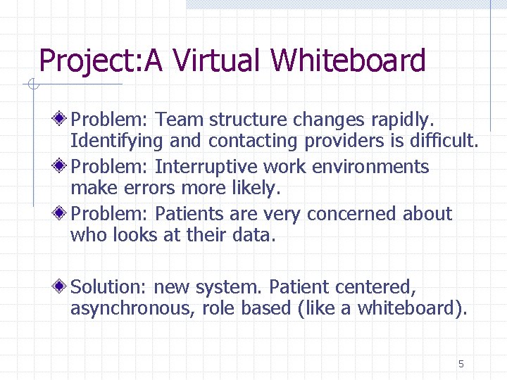 Project: A Virtual Whiteboard Problem: Team structure changes rapidly. Identifying and contacting providers is