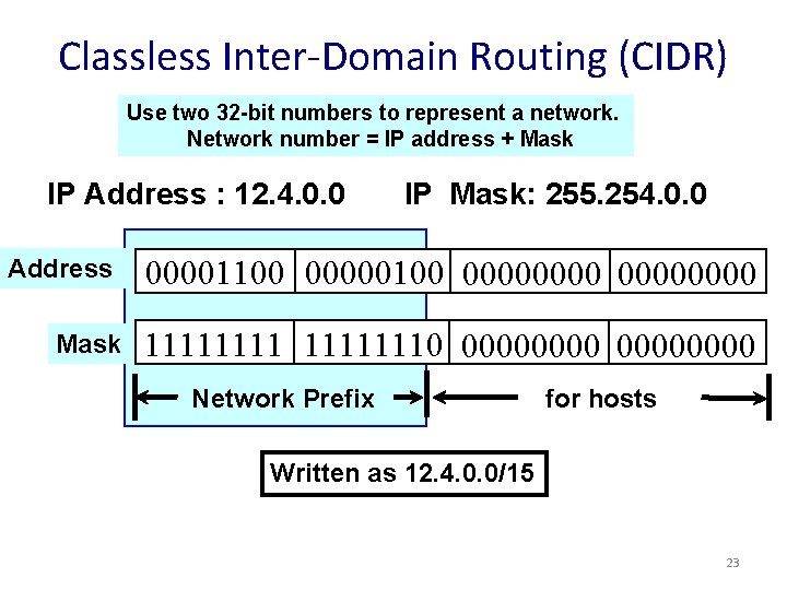 Classless Inter-Domain Routing (CIDR) Use two 32 -bit numbers to represent a network. Network