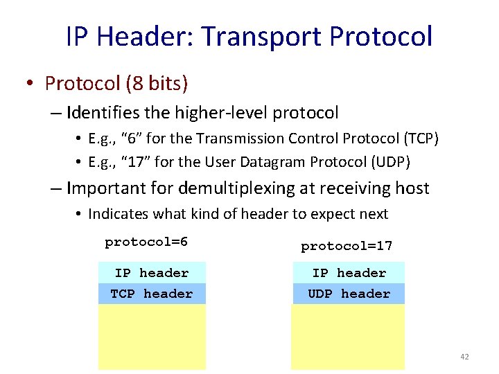 IP Header: Transport Protocol • Protocol (8 bits) – Identifies the higher-level protocol •