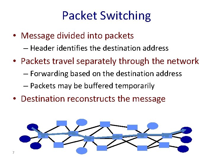 Packet Switching • Message divided into packets – Header identifies the destination address •