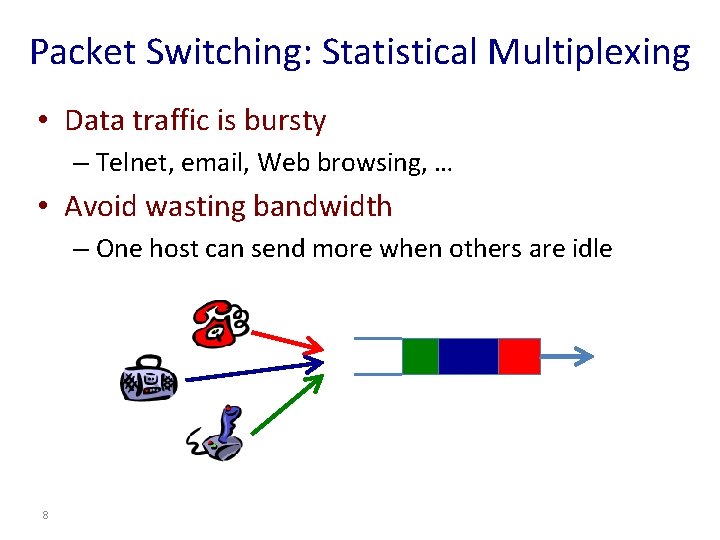 Packet Switching: Statistical Multiplexing • Data traffic is bursty – Telnet, email, Web browsing,