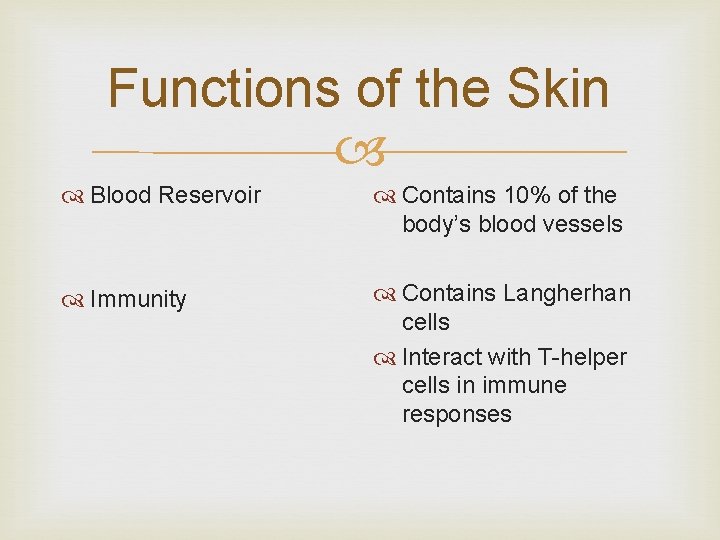 Functions of the Skin Blood Reservoir Contains 10% of the body’s blood vessels Immunity