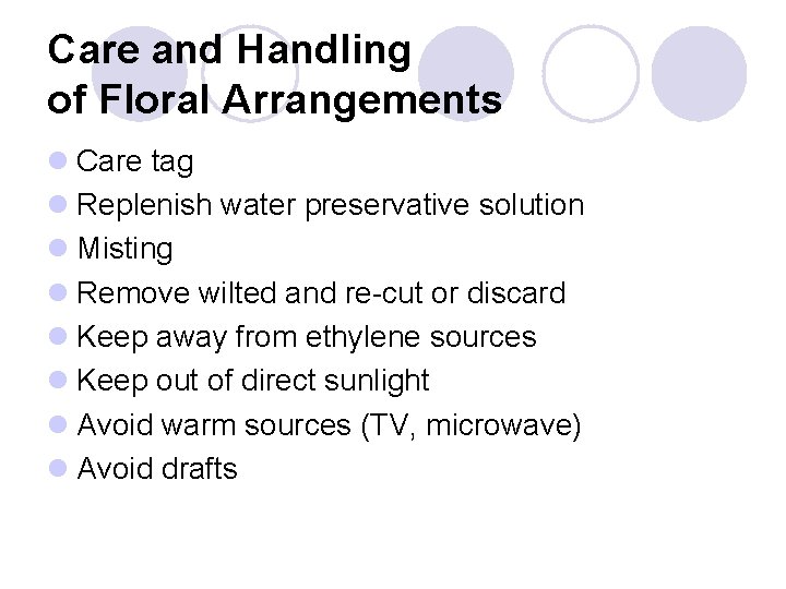 Care and Handling of Floral Arrangements l Care tag l Replenish water preservative solution