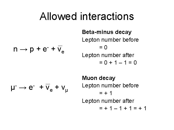 Allowed interactions n → p + e - + ve μ- → e -