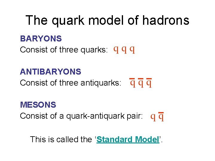 The quark model of hadrons BARYONS Consist of three quarks: qqq ANTIBARYONS Consist of