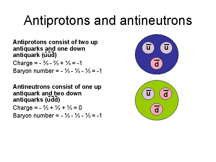 Antiprotons and antineutrons Antiprotons consist of two up antiquarks and one down antiquark (uud)