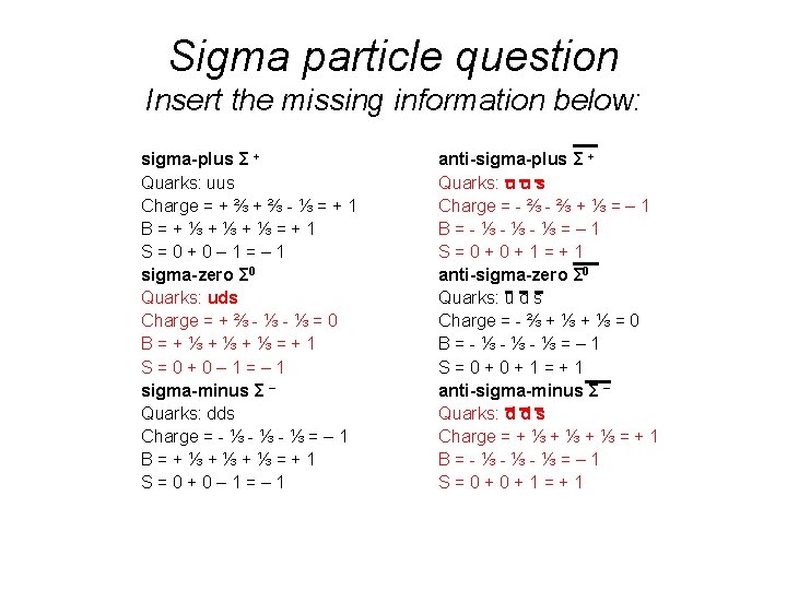 Sigma particle question Insert the missing information below: sigma-plus Σ + Quarks: uus Charge