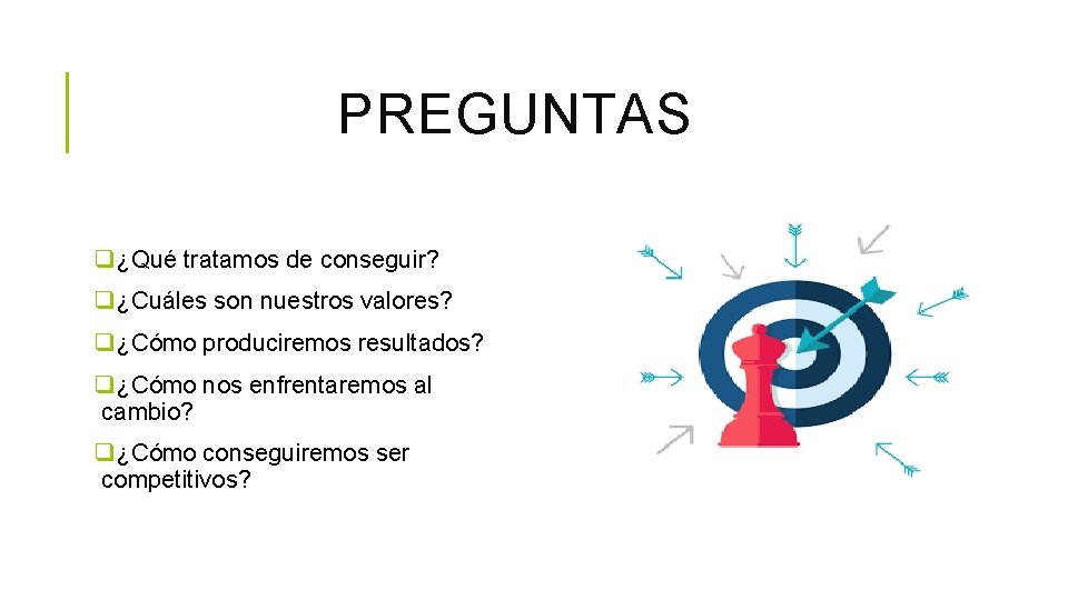 PREGUNTAS q¿Qué tratamos de conseguir? q¿Cuáles son nuestros valores? q¿Cómo produciremos resultados? q¿Cómo nos