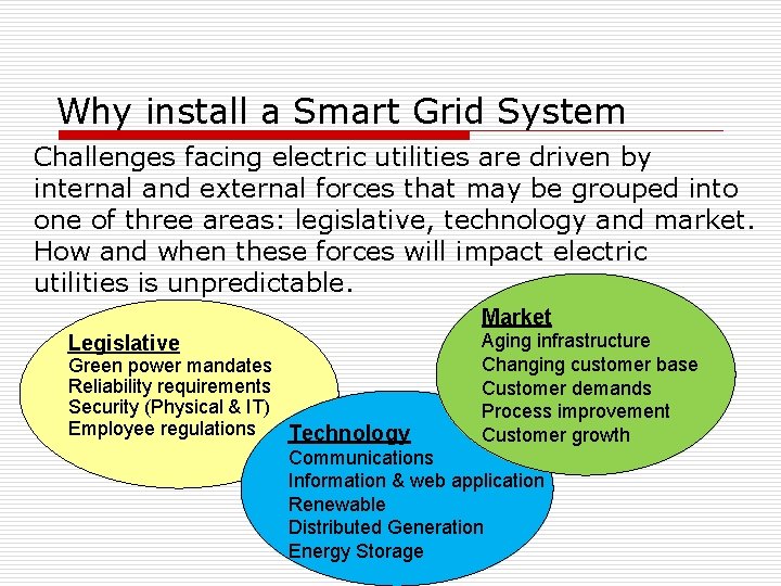Why install a Smart Grid System Challenges facing electric utilities are driven by internal