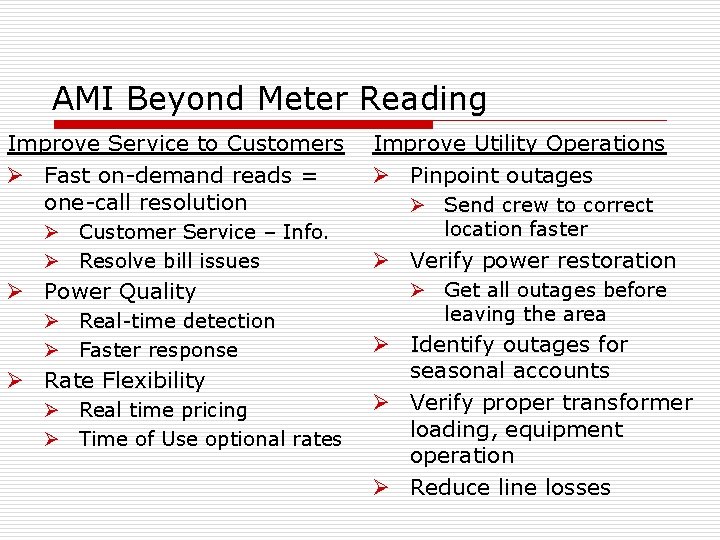 AMI Beyond Meter Reading Improve Service to Customers Ø Fast on-demand reads = one-call