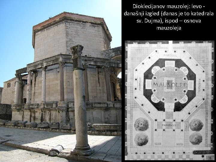 Dioklecijanov mauzolej: levo današnji izgled (danas je to katedrala sv. Dujma), ispod – osnova