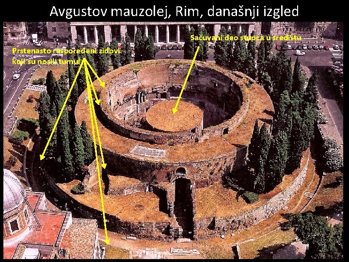 Avgustov mauzolej, Rim, današnji izgled Sačuvani deo stupca u središtu Prstenasto raspoređeni zidovi koji