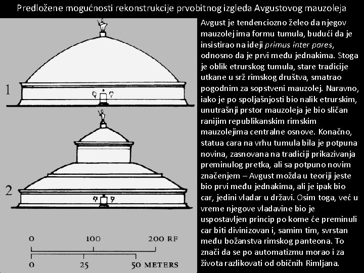 Predložene mogućnosti rekonstrukcije prvobitnog izgleda Avgustovog mauzoleja Avgust je tendenciozno želeo da njegov mauzolej