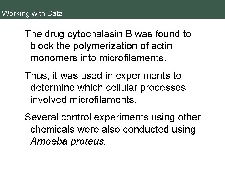 Working with Data The drug cytochalasin B was found to block the polymerization of