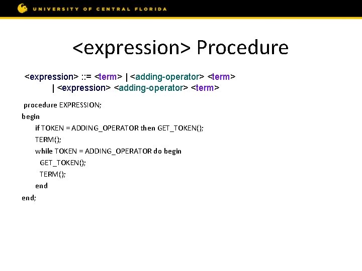 <expression> Procedure <expression> : : = <term> | <adding-operator> <term> | <expression> <adding-operator> <term>