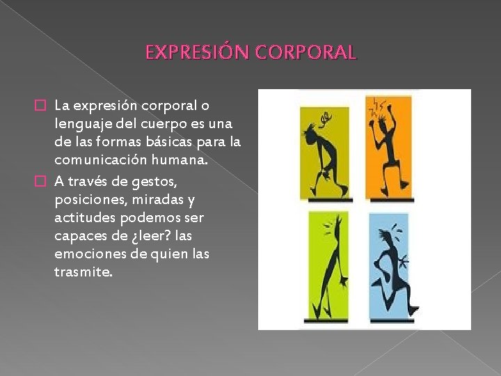 EXPRESIÓN CORPORAL La expresión corporal o lenguaje del cuerpo es una de las formas