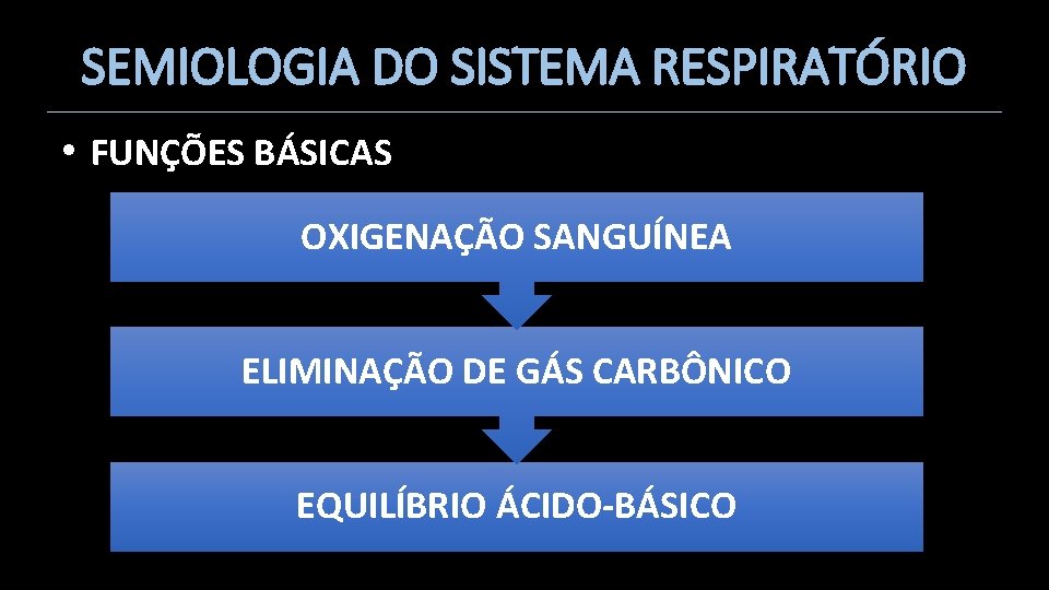 SEMIOLOGIA DO SISTEMA RESPIRATÓRIO • FUNÇÕES BÁSICAS OXIGENAÇÃO SANGUÍNEA ELIMINAÇÃO DE GÁS CARBÔNICO EQUILÍBRIO